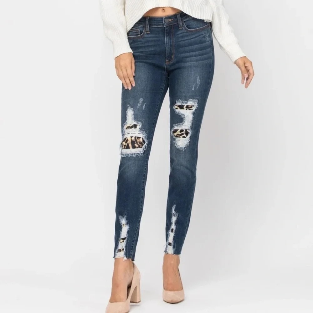 Judy Blue‎ Women's 5/27 High Waist Skinny Fit Distressed Leopard Patch Jeans NWT